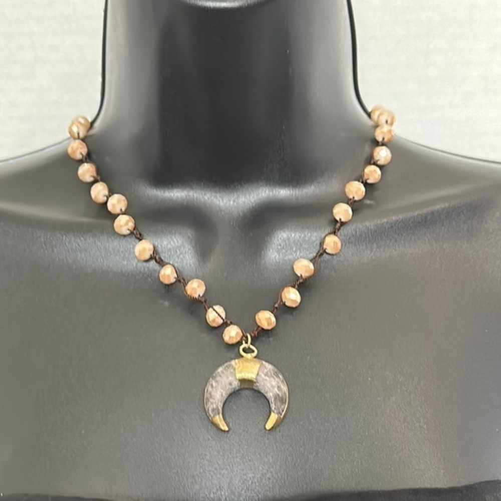 Handmade Gold and Brown Crescent moon horn beaded Necklace
